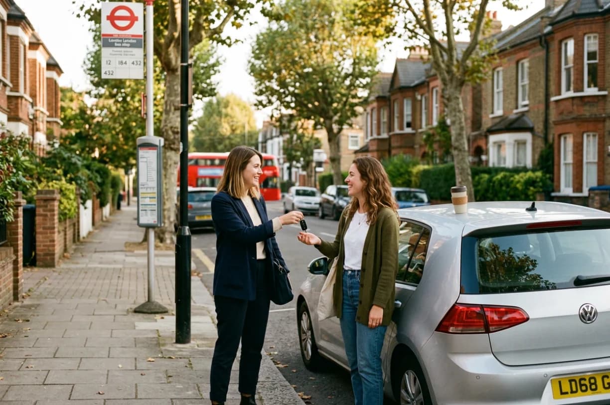 Two people exchanging car keys on a London street
