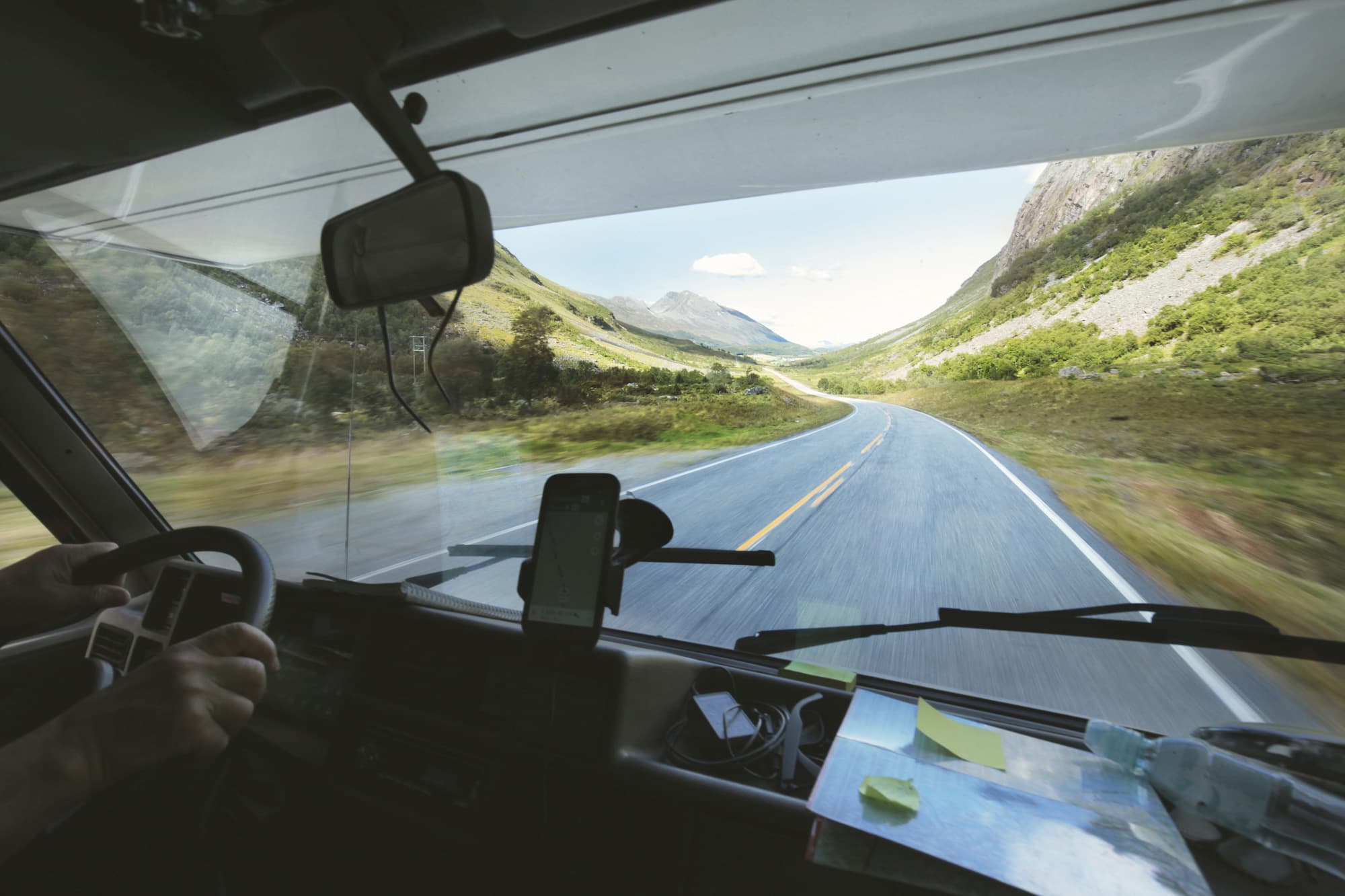 View through a car windscreen on an open road